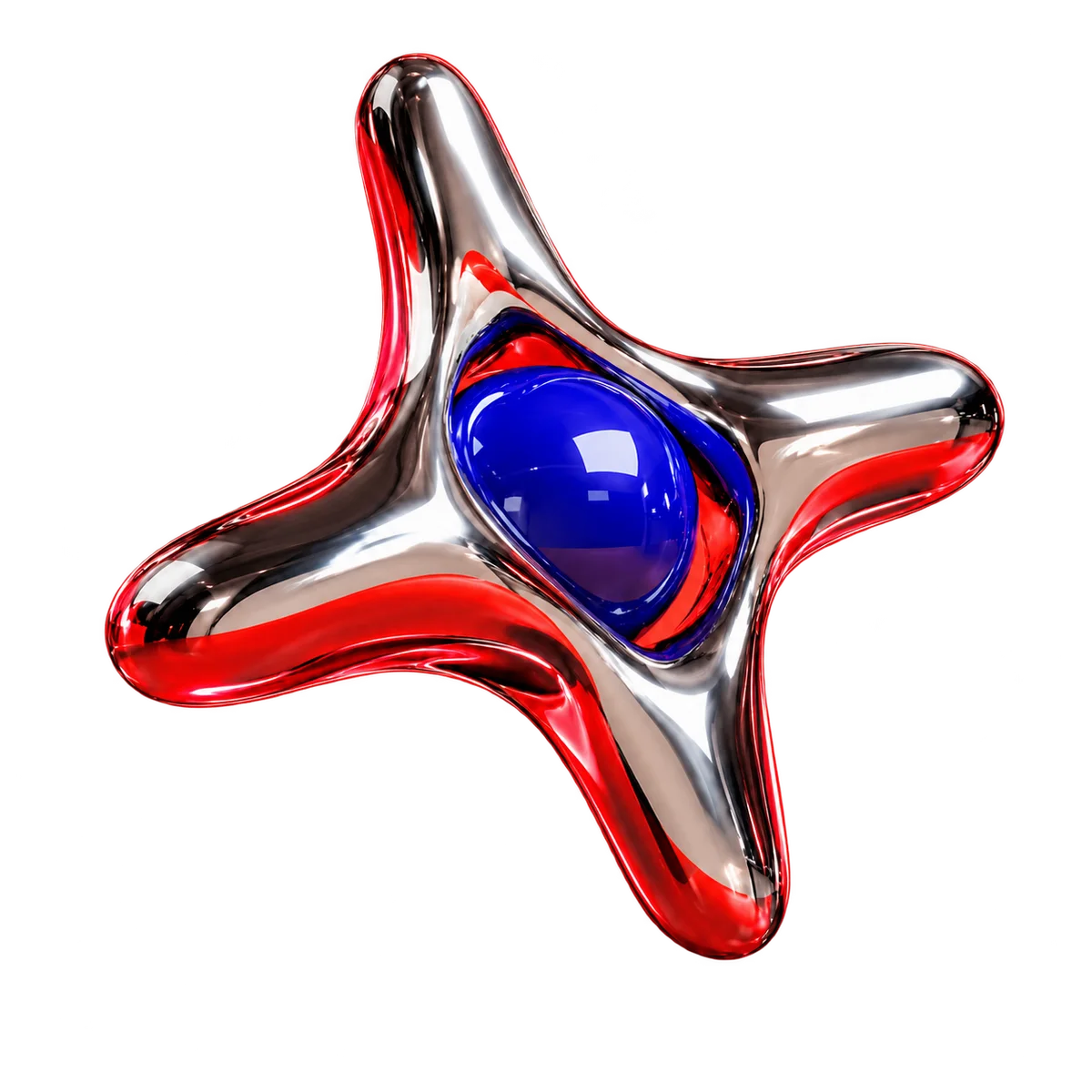 A liquid chrome star with a cobalt blue core, suspended against vivid red.