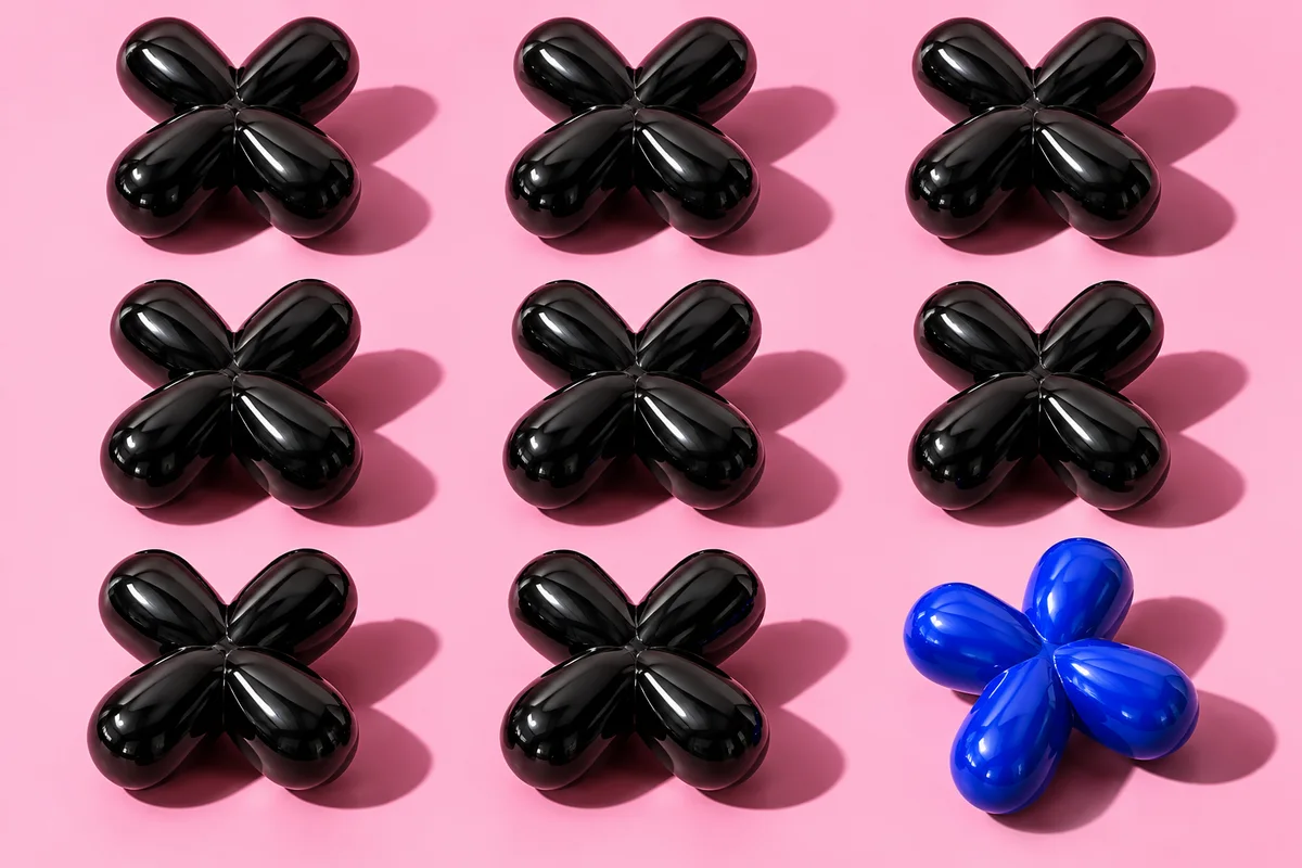 An orderly grid of glossy black stars with one cobalt blue star out of alignment.